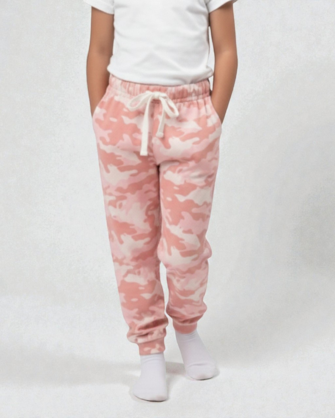 Girl front view wearing pure cotton pink camouflage print pyjama kids sleepwear FNS India.