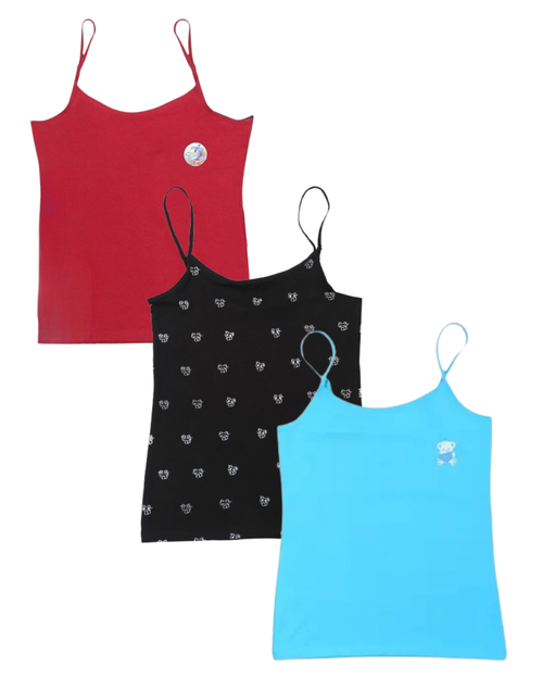Three tank Camisoles in red, black with heart pattern, and blue on a white background