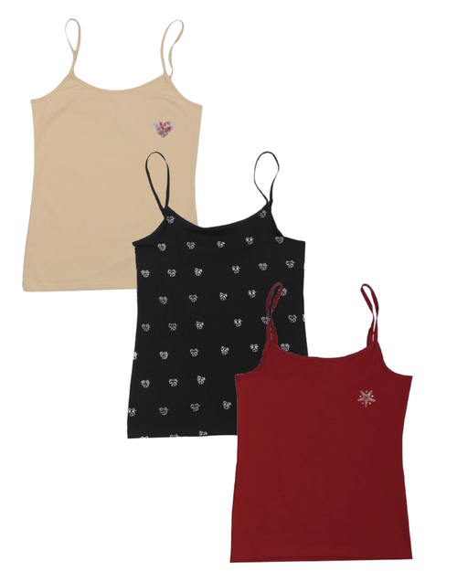 Three tank Camisole  in beige, black with heart pattern, and red on a white background age  8 to 16 