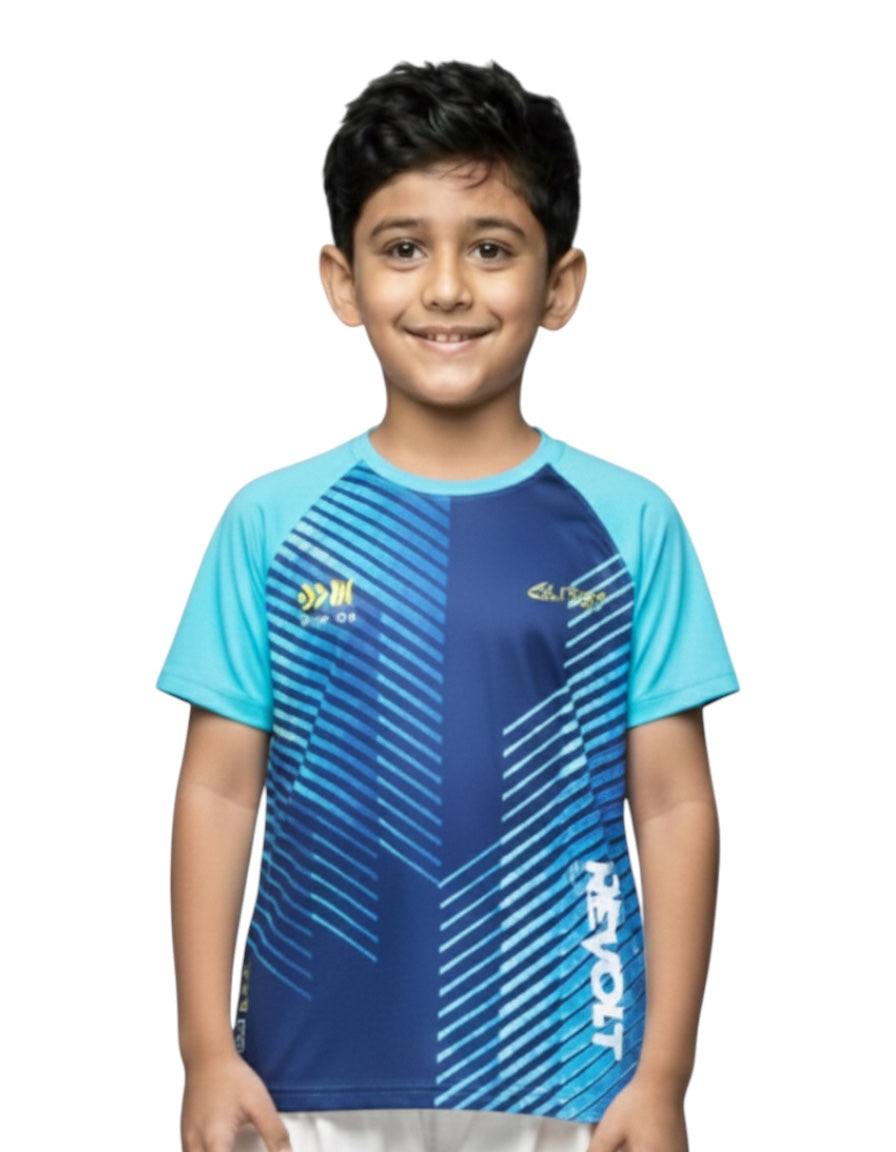 Front View Of Boy's wearing a blue and light blue t-shirt  with branding on a white background  age 8 to 16 
