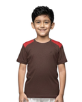 Front View of Boy's wearing a brown t-shirt with red sleeves on a white background age  8 to 16 