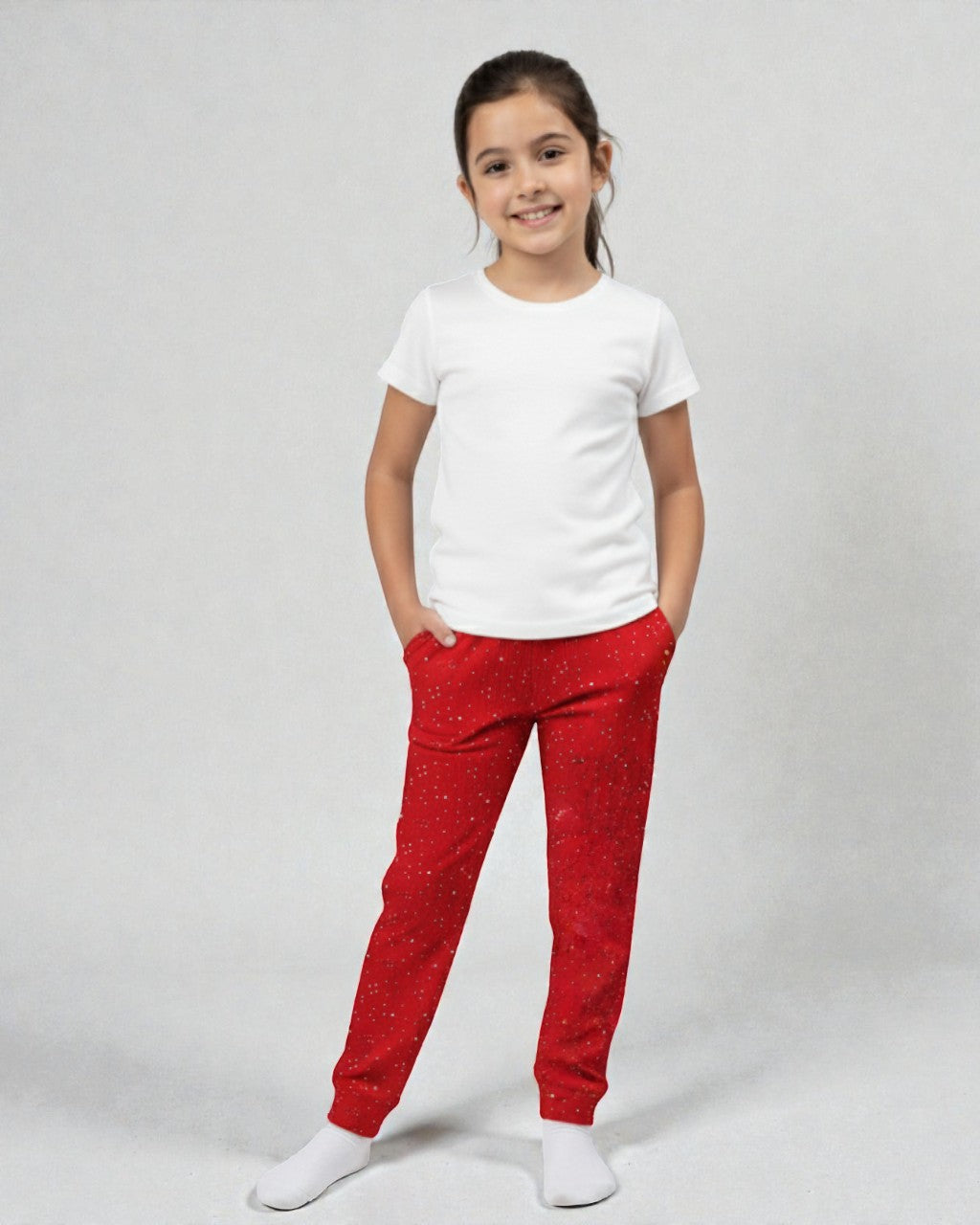Girl front view wearing pure cotton red polka print pyjama pants kids sleepwear ages 8 to 18 FNS India

