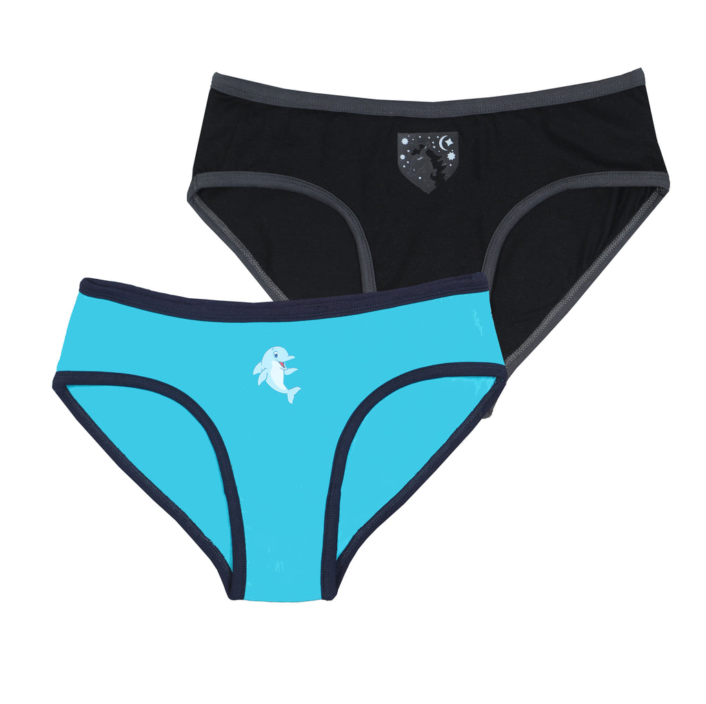 Two pairs of Panties , one black and one blue, on a white background. age 8 to 16 

