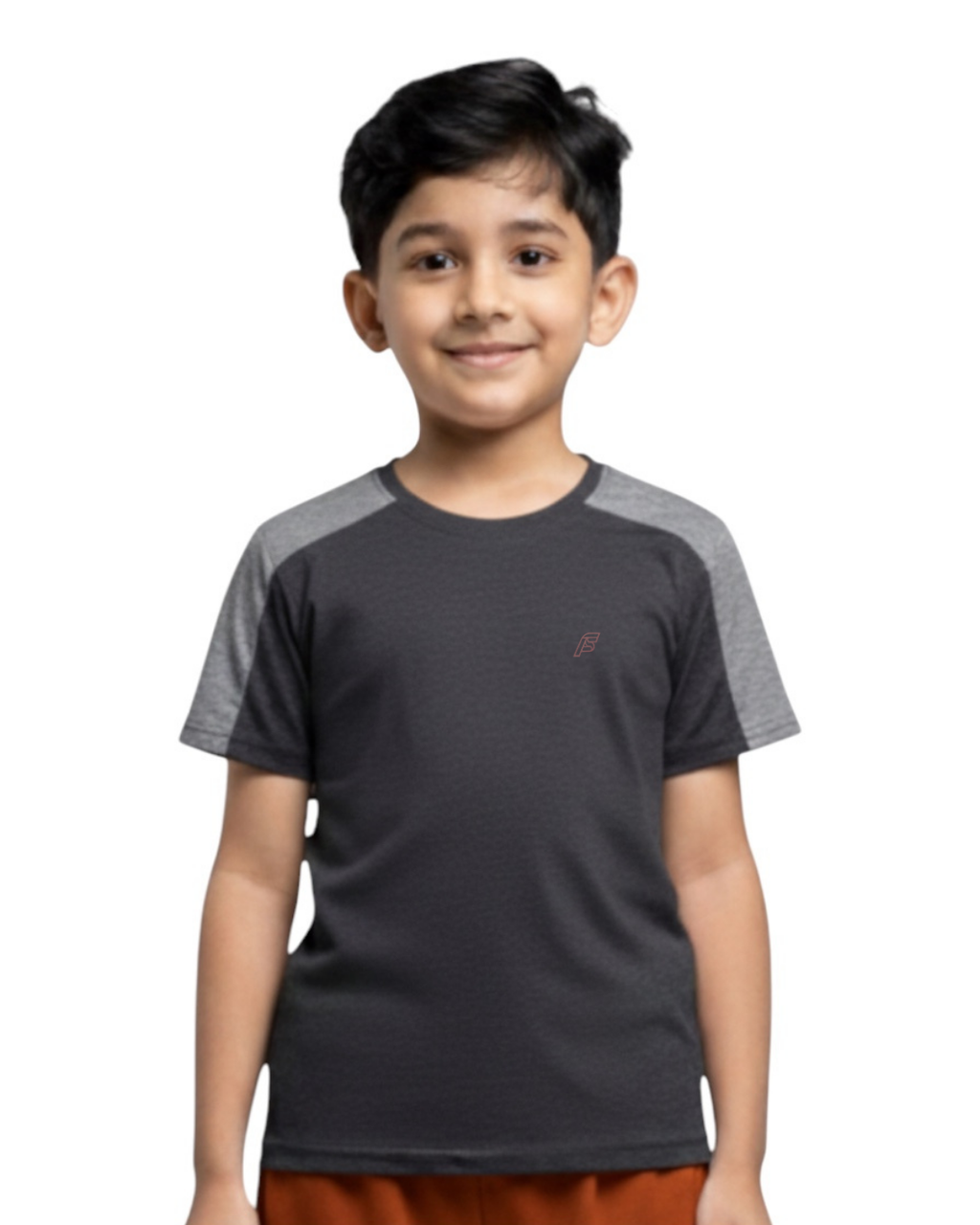 Front View of Boy's wearing a black and gray t-shirt on a white background age 8 to 16