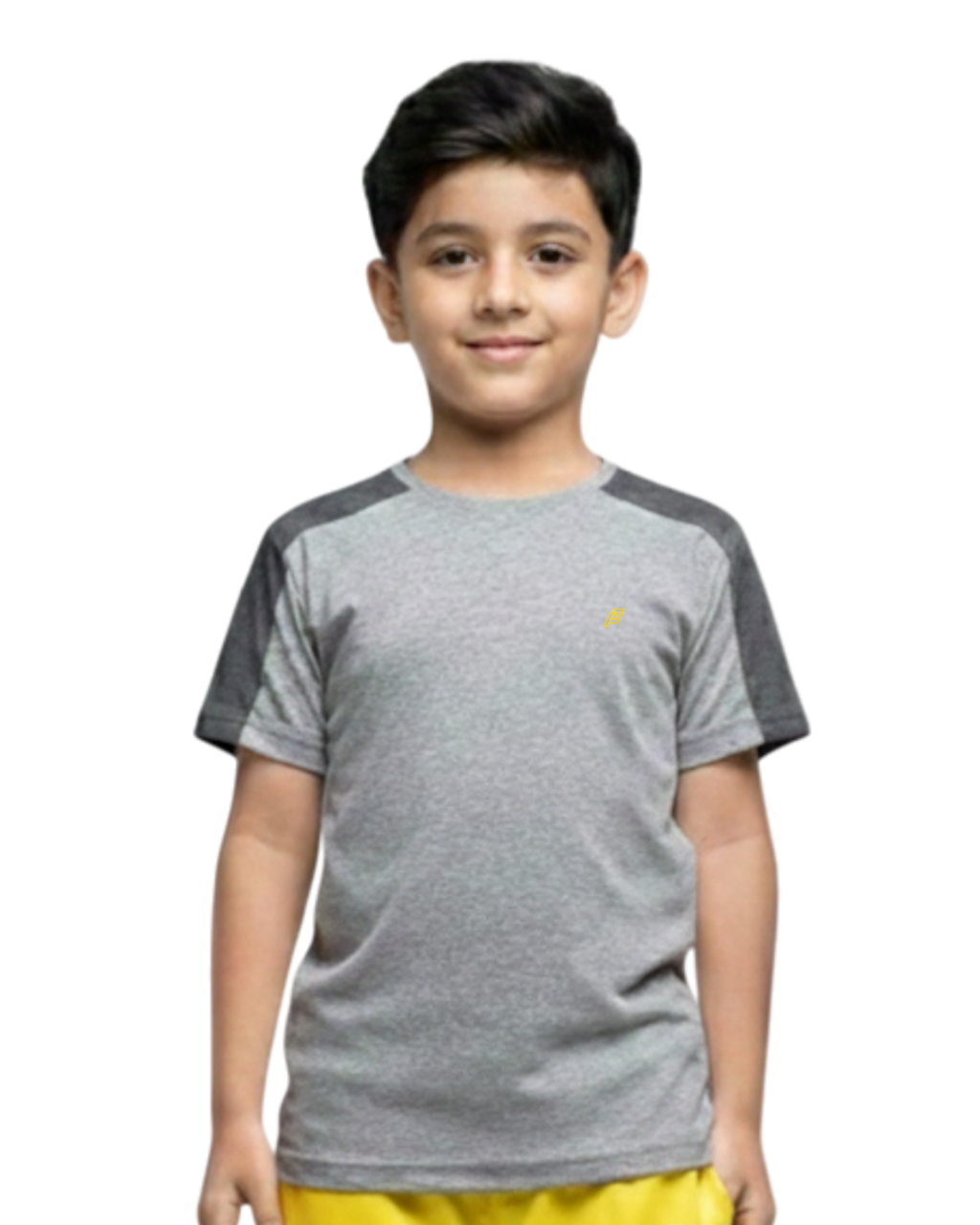 Front View of Boy's wearing a gray and black t-shirt with a small logo on a white background age 8 to 16 