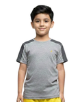 Front View of Boy's wearing a gray and black t-shirt with a small logo on a white background age 8 to 16 