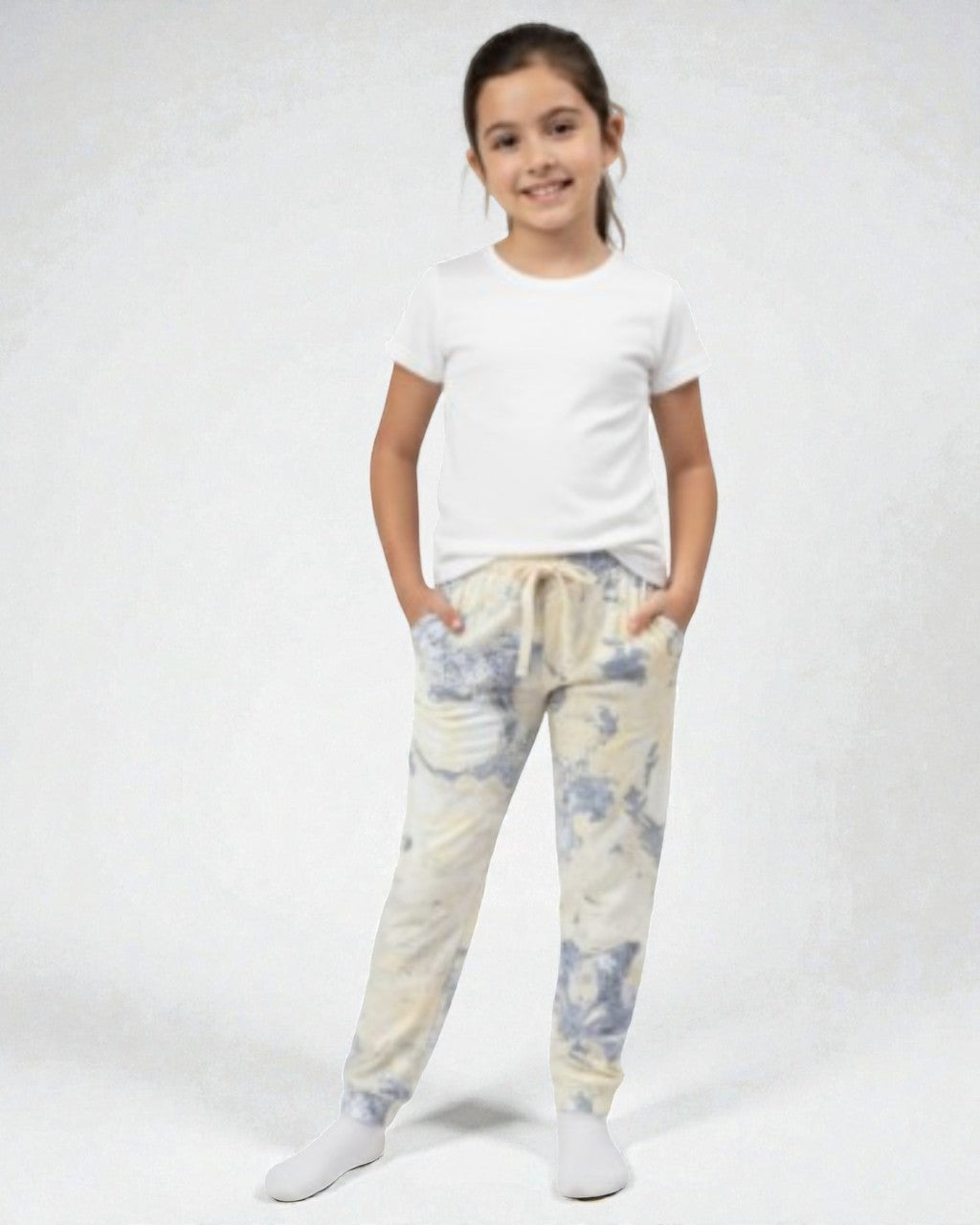 Girl front view wearing pure cotton white and blue tie-dye pyjama kids sleepwear FNS India