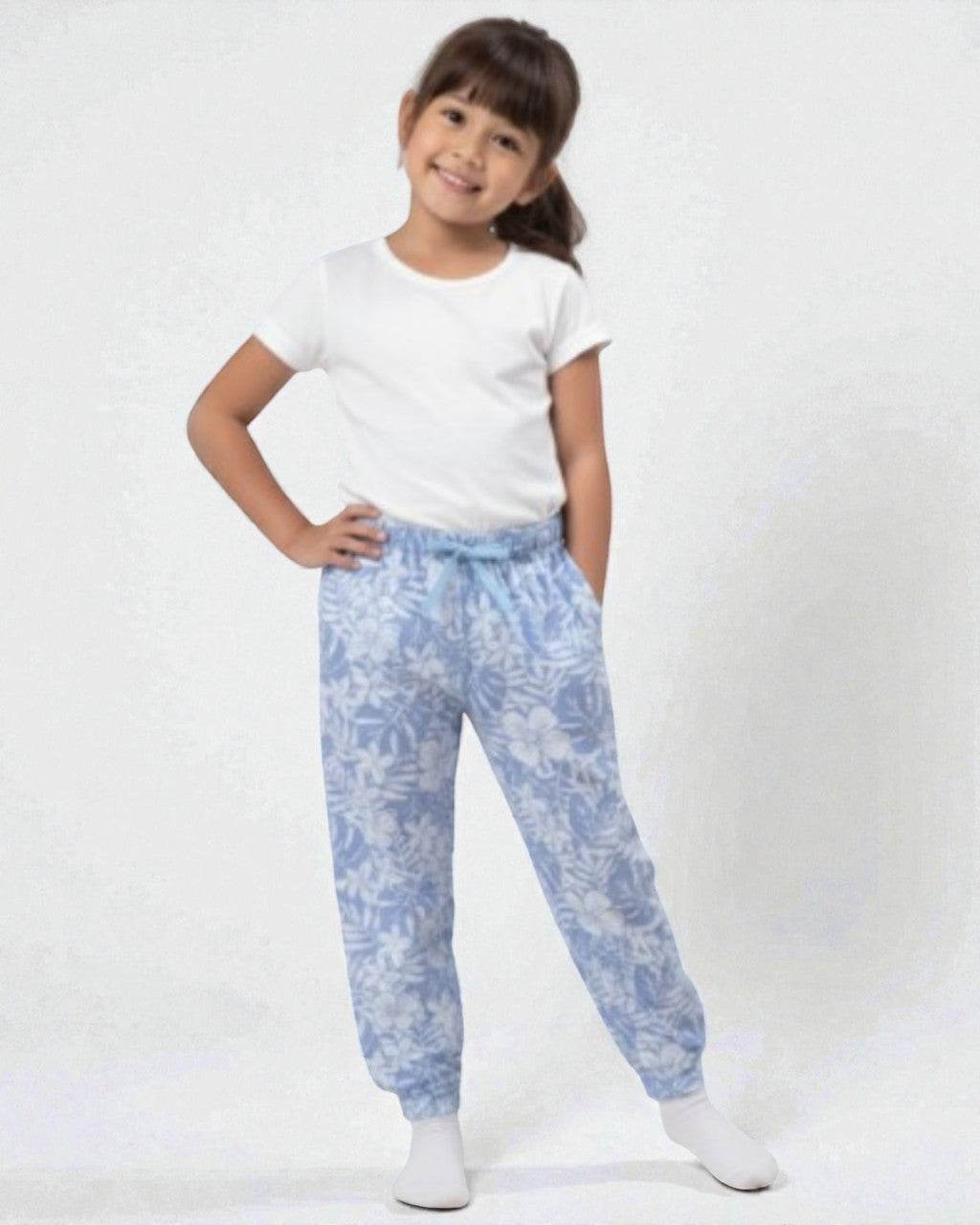 Girl front view wearing pure cotton blue flower print pyjama kids sleepwear FNS India.