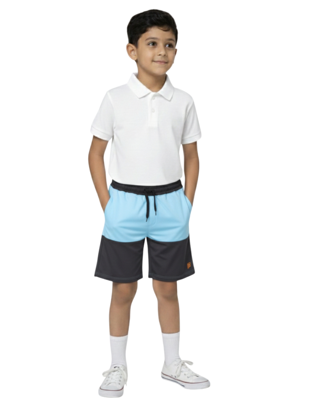 Front View of boy's  black and blue shorts on a white background age 8 to 17 