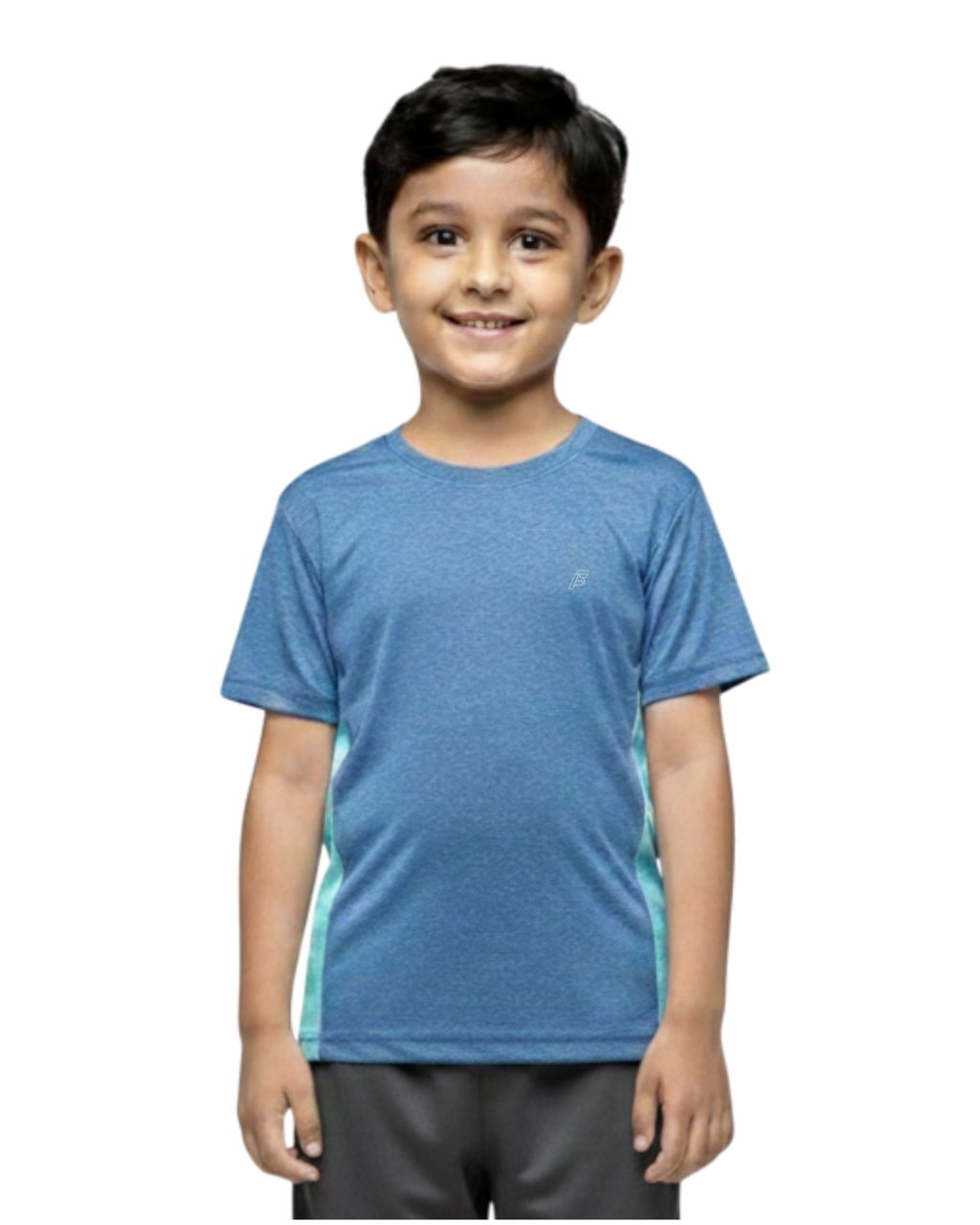 Front View Of Boy's wearing a blue athletic shirt on a white background age 8 to 16 
