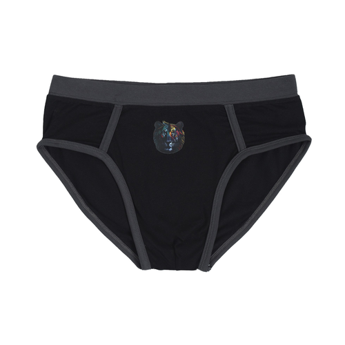 Front View of Black Boy's Briefs with a colorful bear design on a white background age 8 to 16 