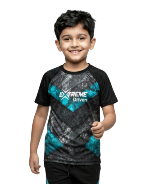 Front View of Boy's wearing a black and teal 'Extreme Driven' t-shirt on a white background age 8 to 16 