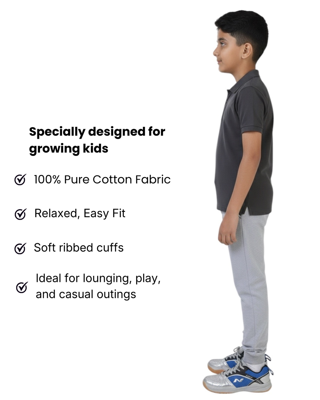 Child wearing a dark gray polo shirt and light gray pants with text highlighting features on a white background.