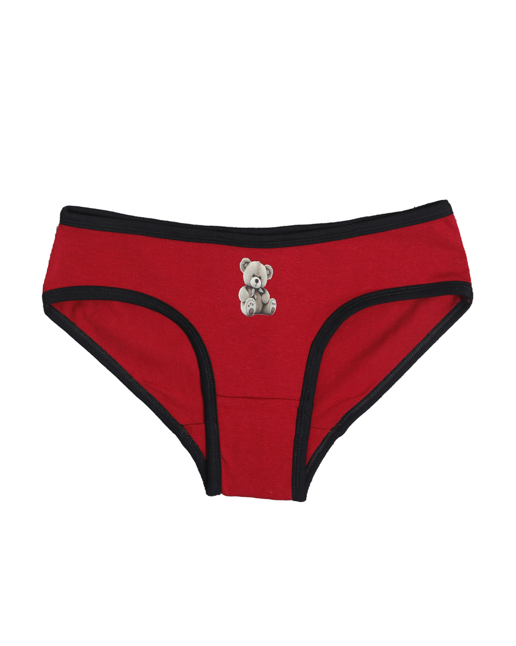 Front View of Girls Red Panties with a teddy bear charm on a white background age 8 to 16 
 
