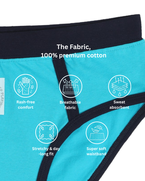 Teal Briefs  with black waistband and fabric feature icons on a white background