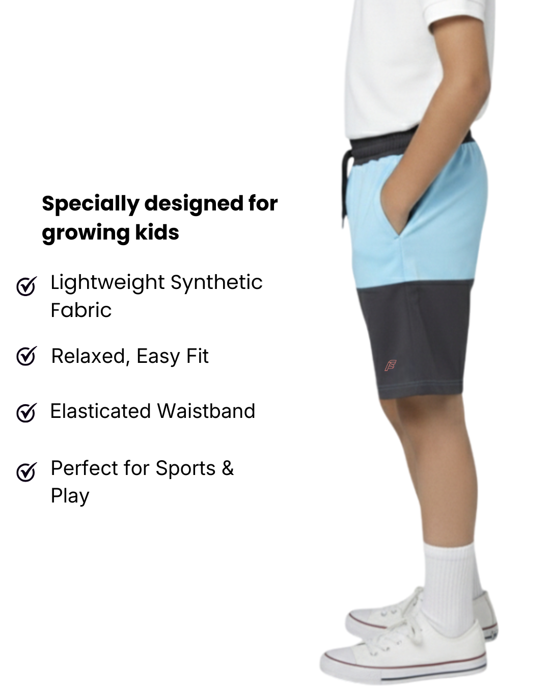 Boy's Side view Lightweight synthetic fabric shorts with text highlighting features.