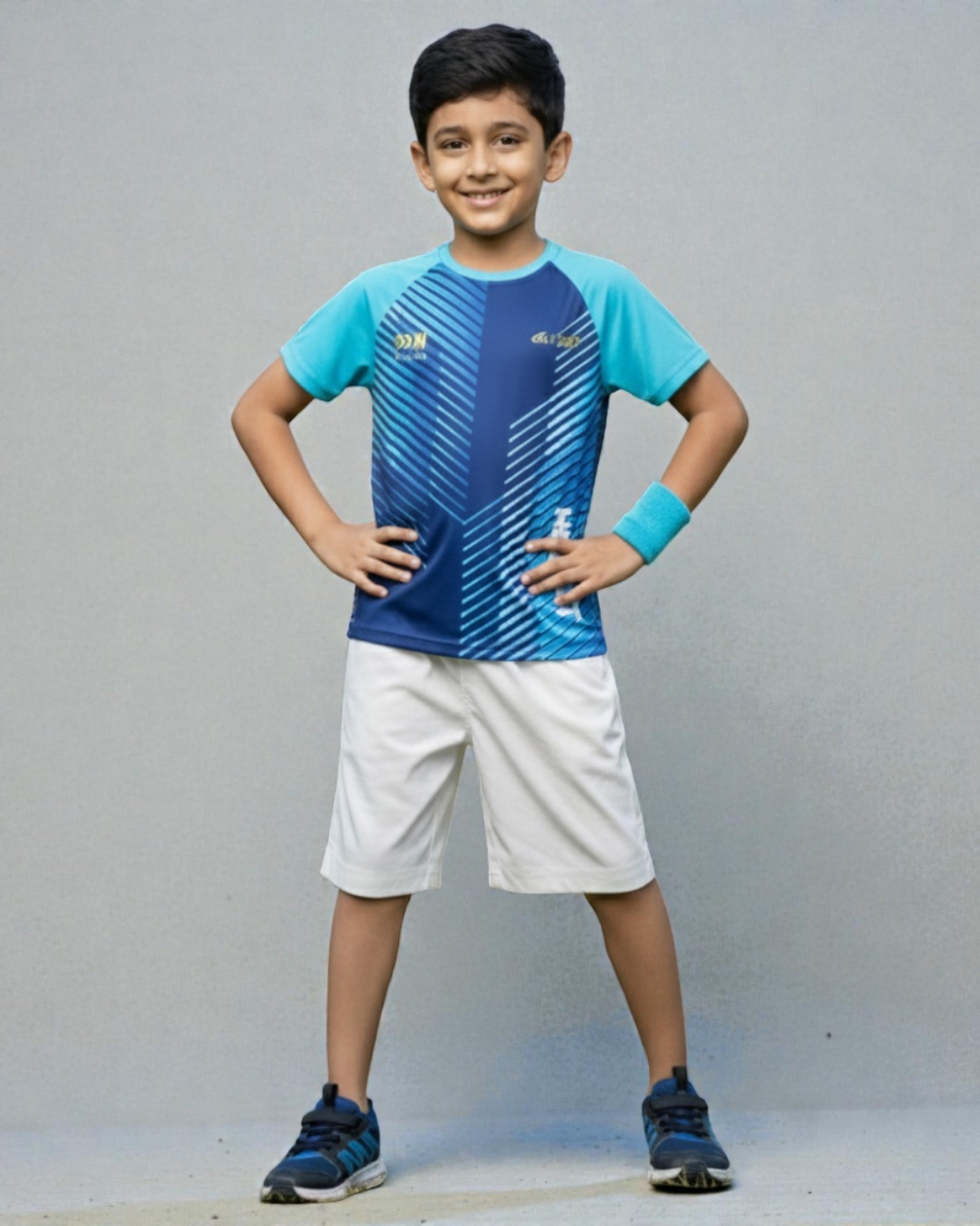 Boy's wearing a blue and white sports outfit on a gray background