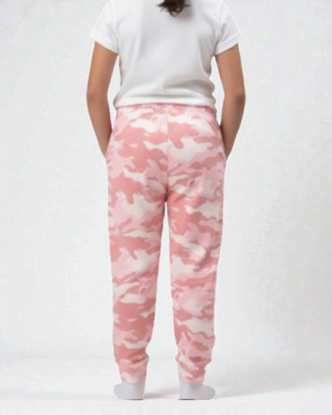 Girl back view wearing pure cotton pink camouflage print pyjama kids sleepwear FNS India.