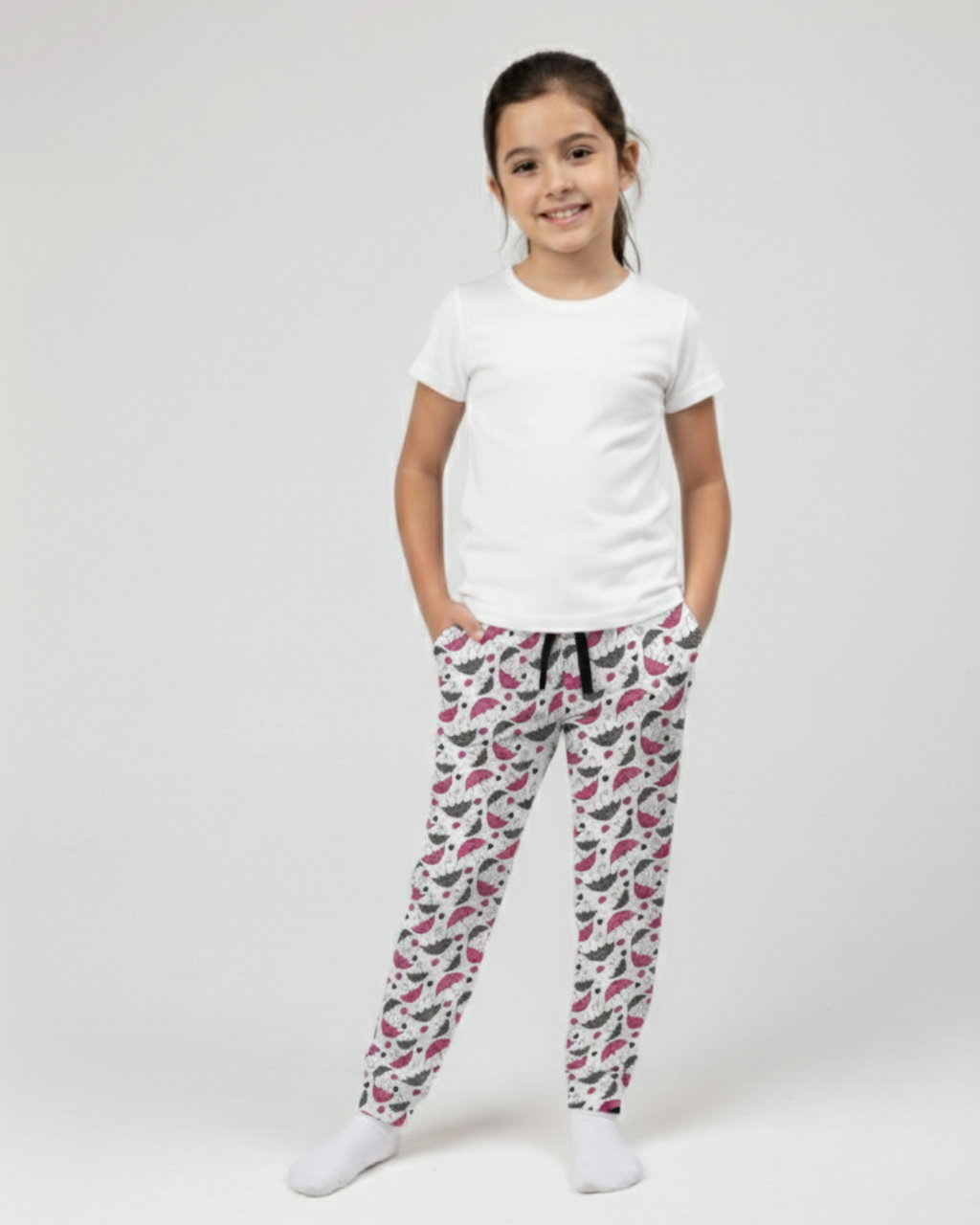 Girl front view wearing pure cotton umbrella print pyjama kids sleepwear FNS India.