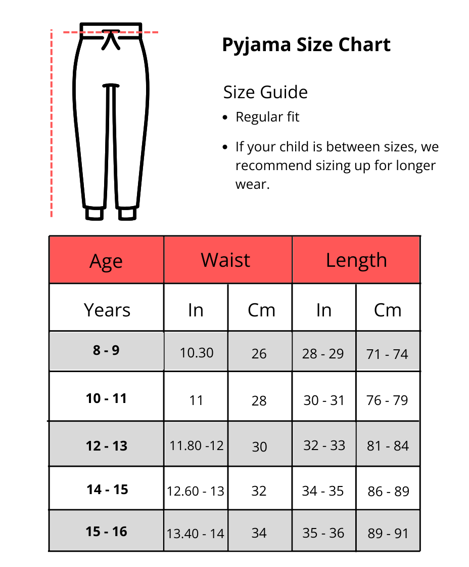 Pyjama size chart with age, waist, and length measurements