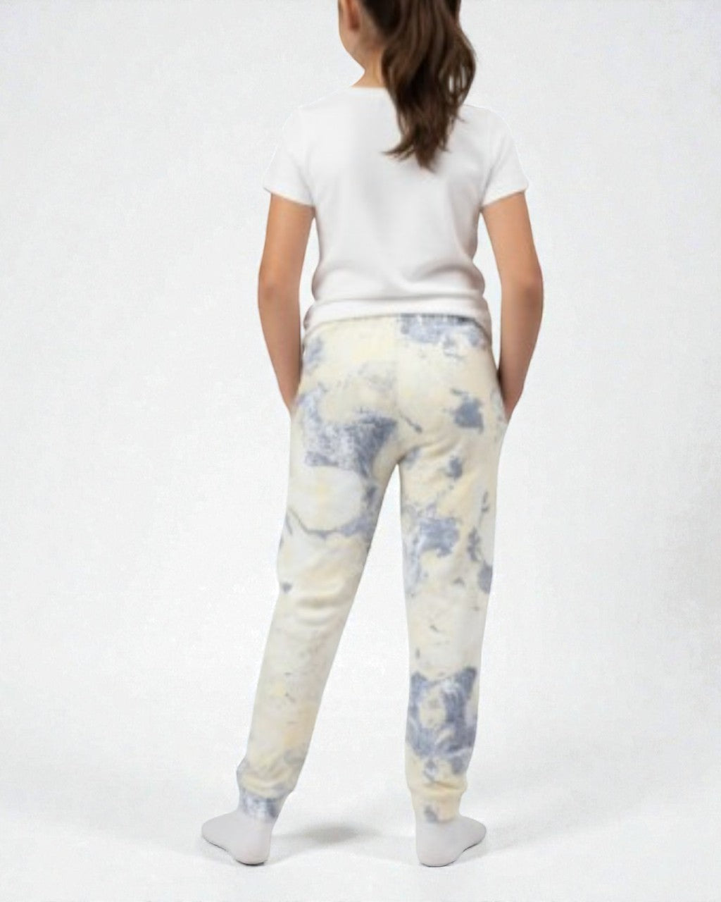 Girl back view wearing pure cotton white and blue tie-dye pyjama kids sleepwear FNS India.