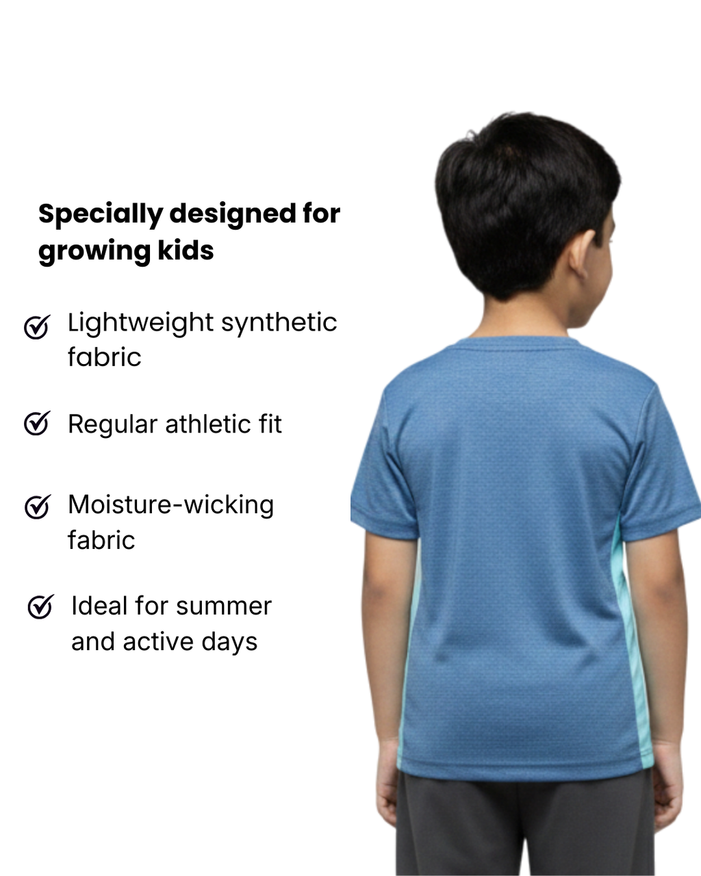 Boy wearing a blue athletic shirt with text highlighting features on a white background