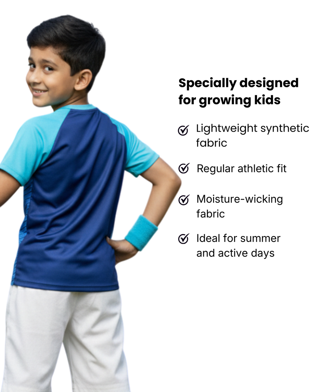 Back View of Boy's wearing a blue and green athletic shirt with text highlighting features on a white background