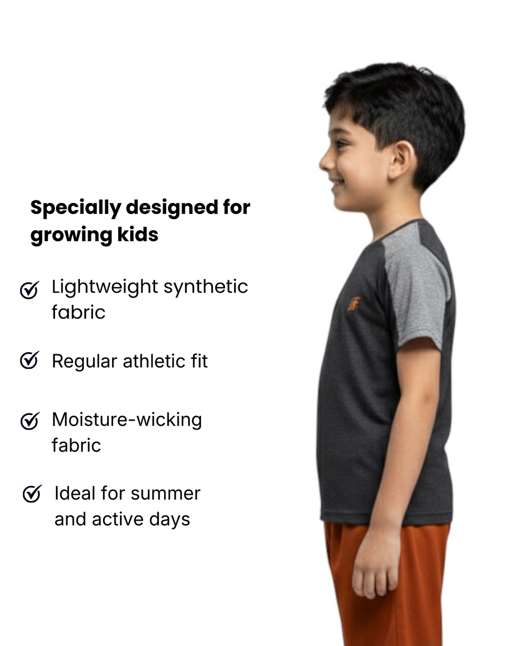 Side View of Boy's   wearing a black and gray athletic shirt with text highlighting features on a white background
