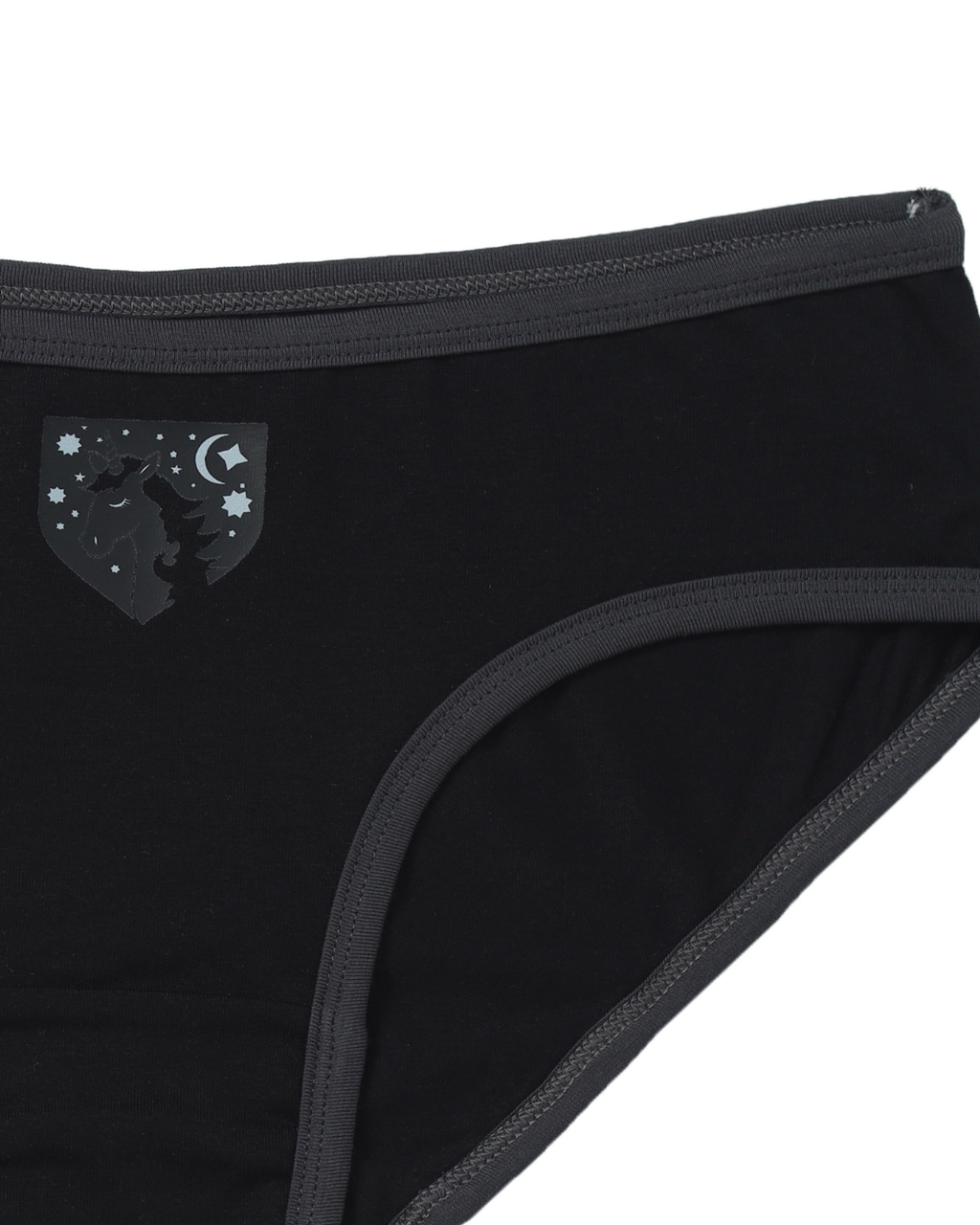 Close-up of Girls Black Panties  with a small graphic on a white background