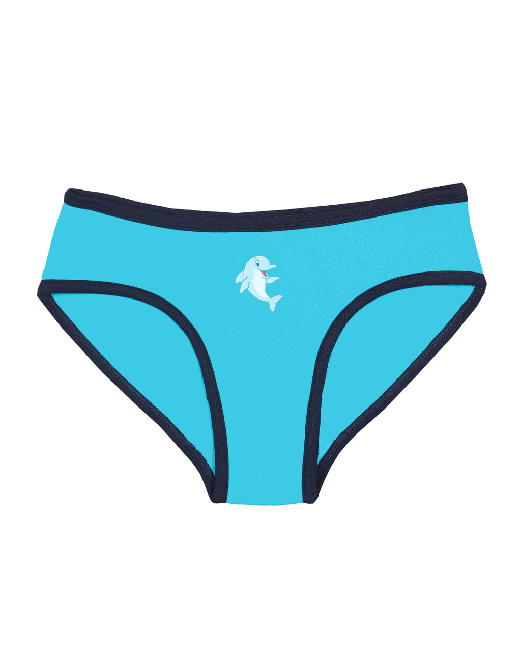 Front View of Girls Blue Panties  with a dolphin on a white background

