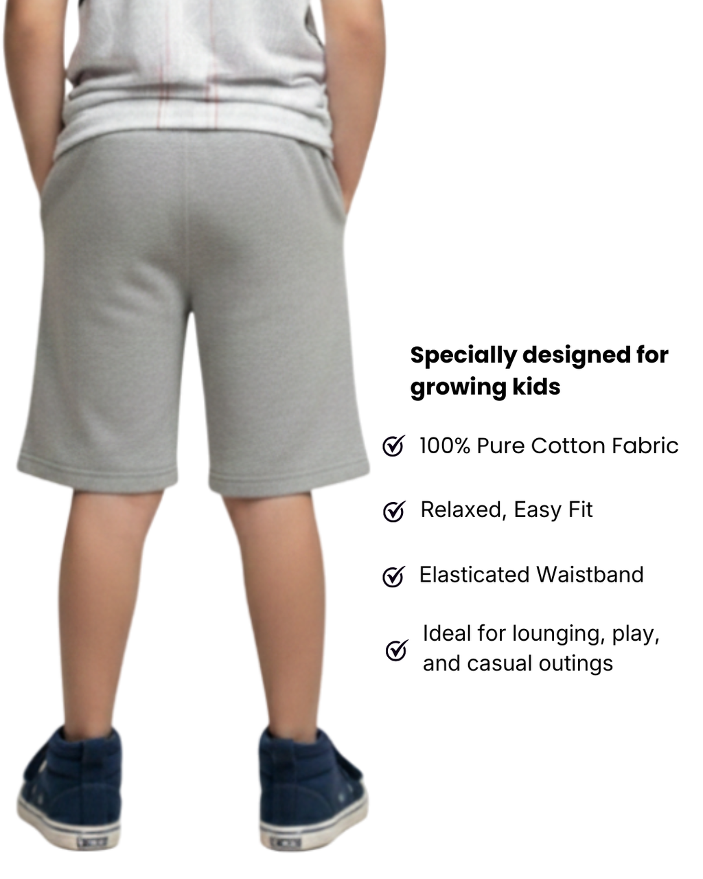  Back View of  Boy's  gray shorts with product features listed on a white background