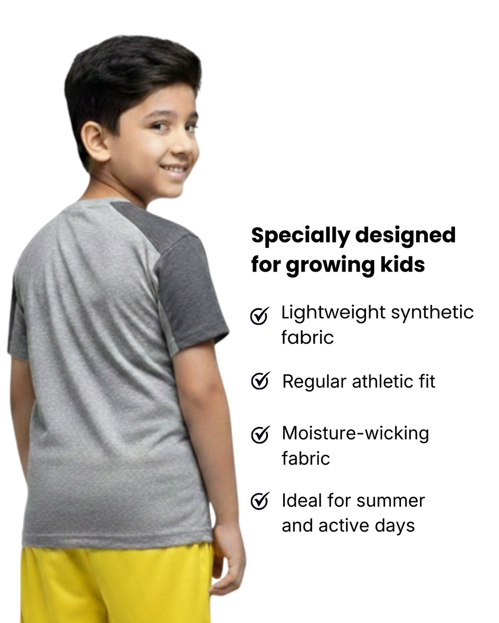 Boy's  wearing a gray and yellow athletic outfit with text about product features on a white background