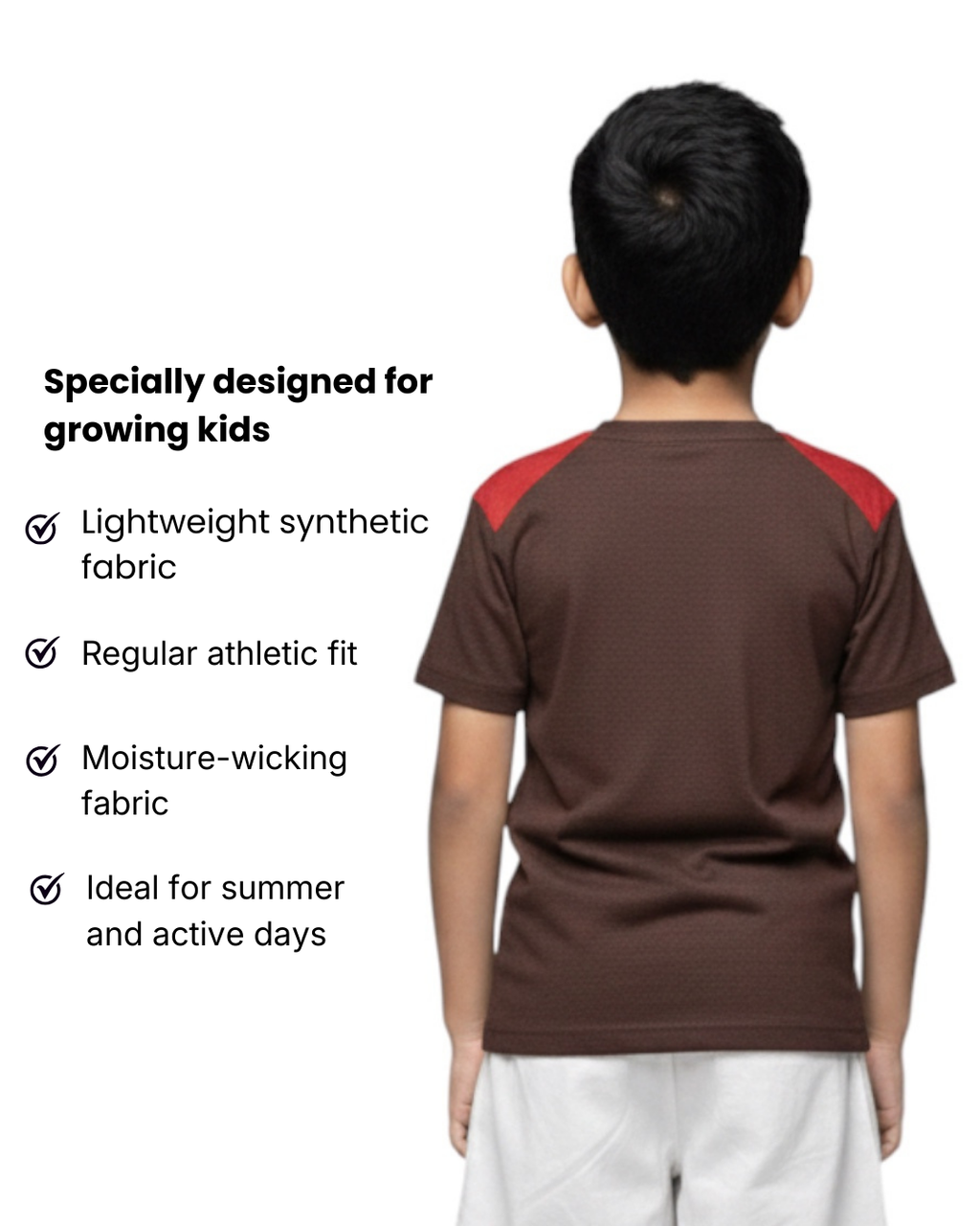 Back View Of Boy's wearing a brown and red athletic t-shirt with text highlighting features on a white background