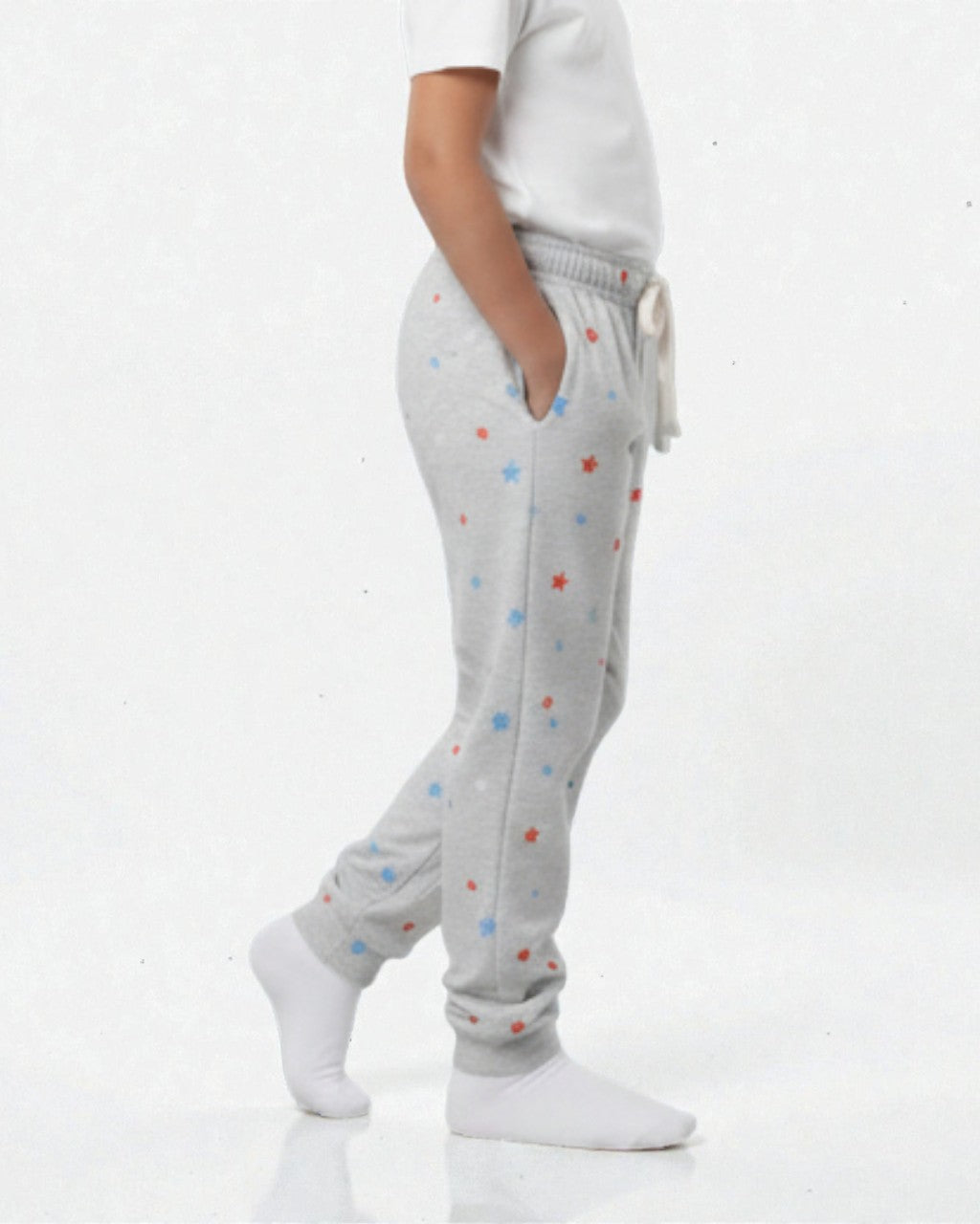 Girl side view wearing pure cotton grey stars print pyjama kids sleepwear FNS India.