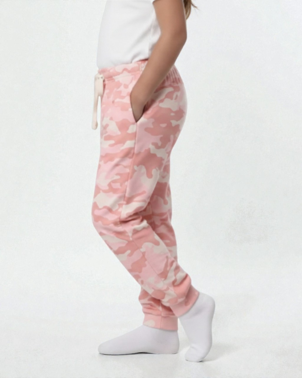 Girl side view wearing pure cotton pink camouflage print pyjama kids sleepwear FNS India.