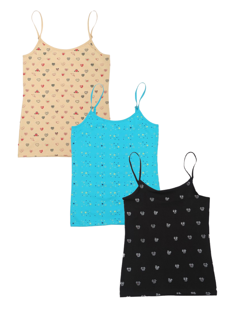 Three camisoles in beige, blue, and black with heart patterns on a white background