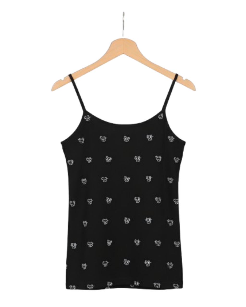Front view of Girls Black tank Camisole  with small white patterns on a hanger against a white background age 8 to 16 

