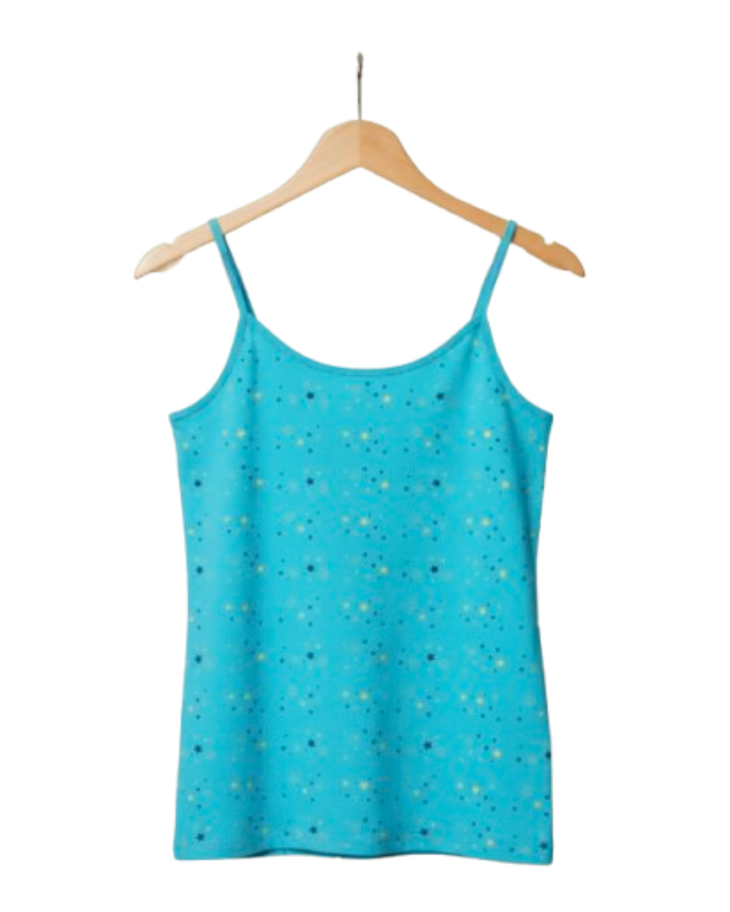 Front View of Girls Blue tank Camisole  with star pattern on a wooden hanger against a white background age 8 to 16 
