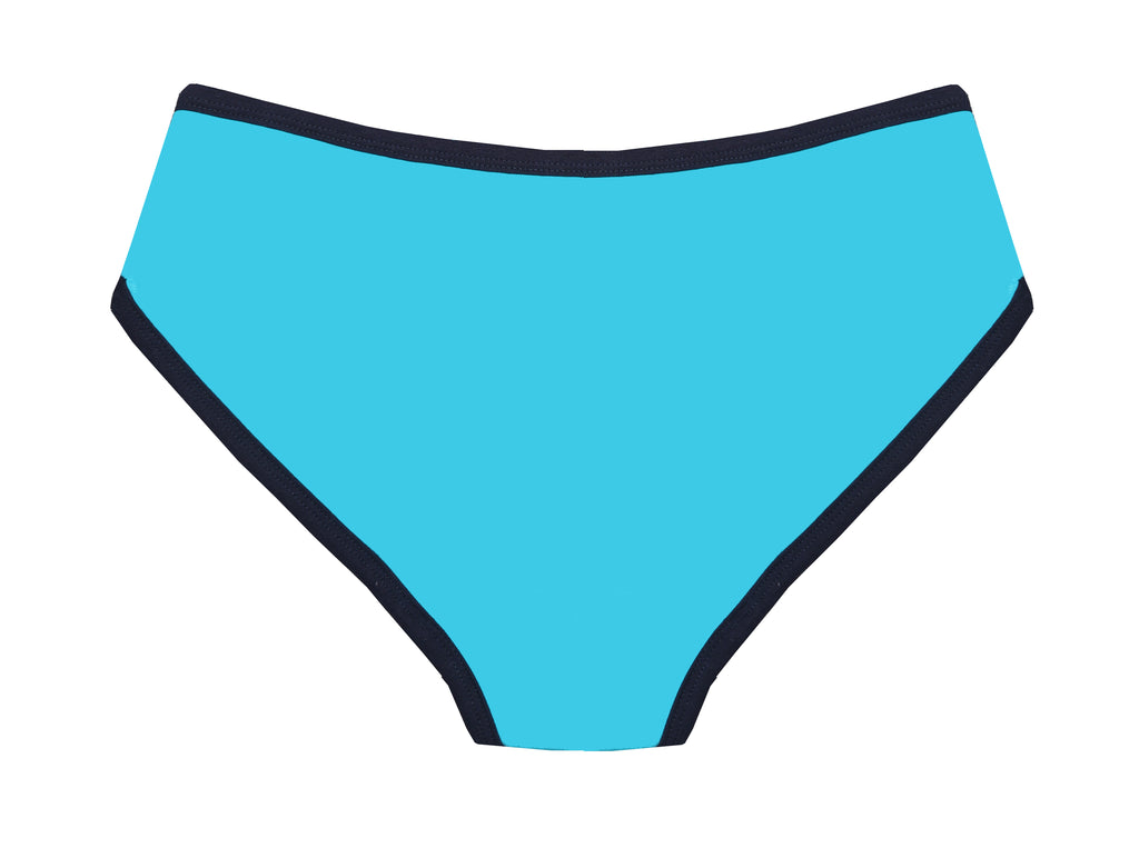 Back View of Girls Blue Panties  with black trim on a white background


