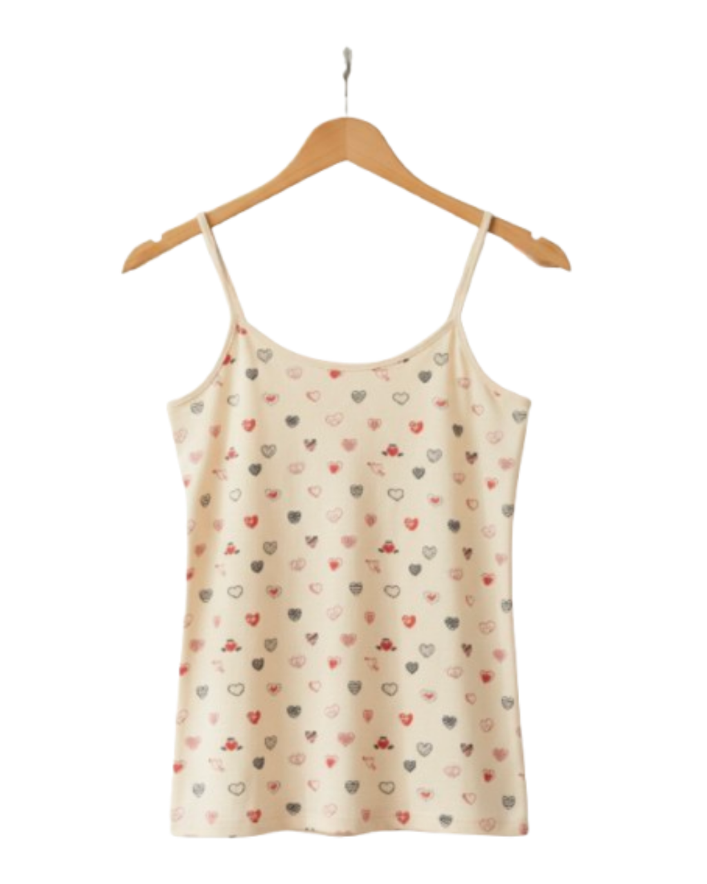 Front View of Girls Beige tank Camisole with heart pattern on a wooden hanger  a white background age 8 to 16 