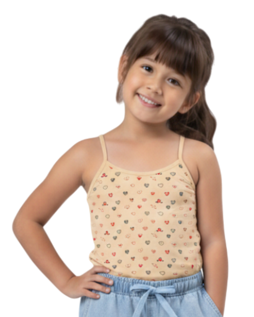 Young girl wearing a patterned beige tank Camisole on a white background age 8 to 16 