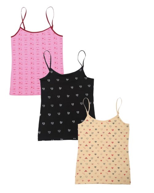 Three patterned camisoles in pink, black, and beige on a white background