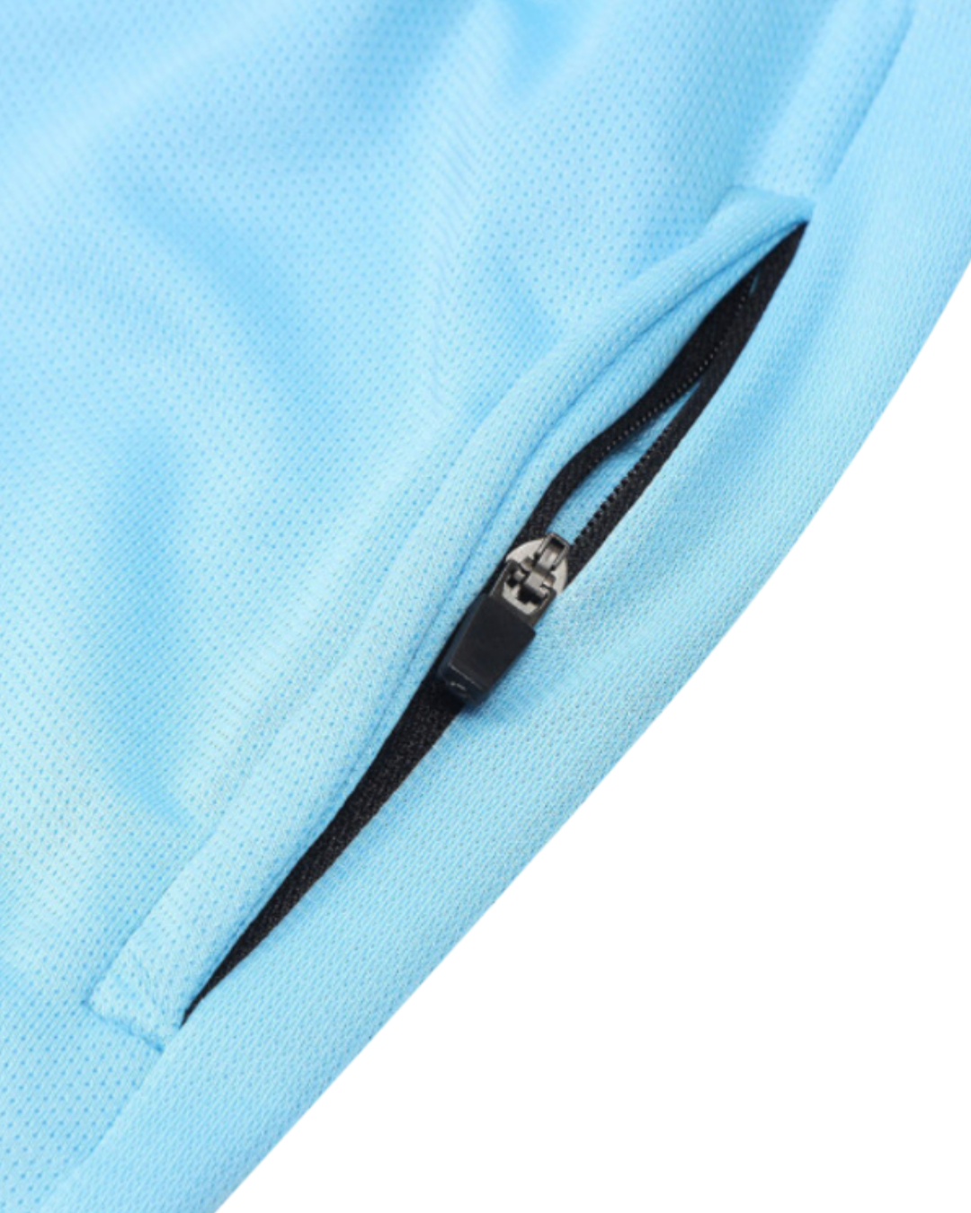 Close-up of a blue fleece jacket with a black zipper on a white background