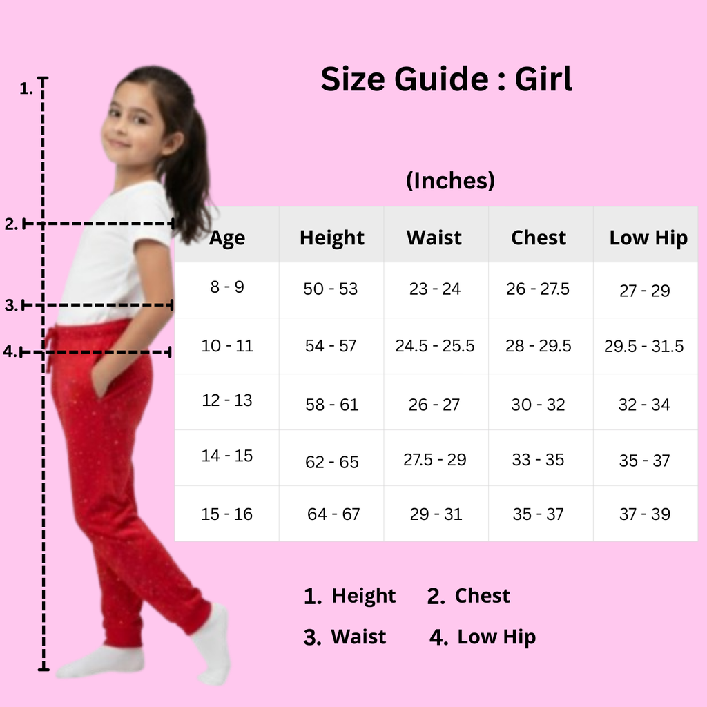 Size guide for girls with a child model on a pink background