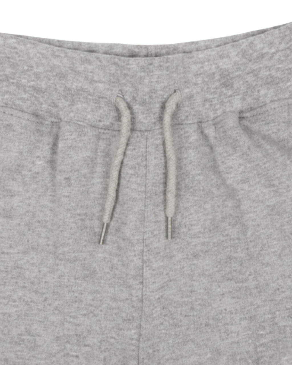 Close-up of gray sweatpants with drawstring on a white background
