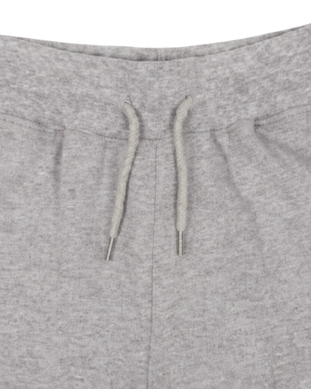 Close-up of gray sweatpants with drawstring on a white background
