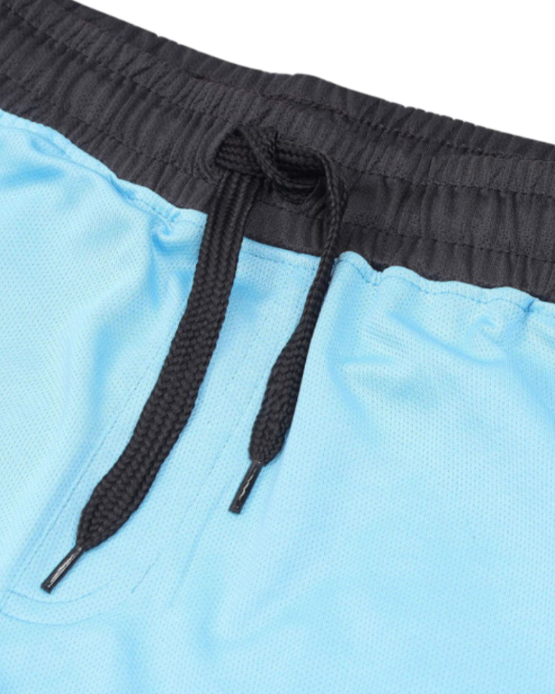 Close-up of blue shorts with a black drawstring on a light gray background